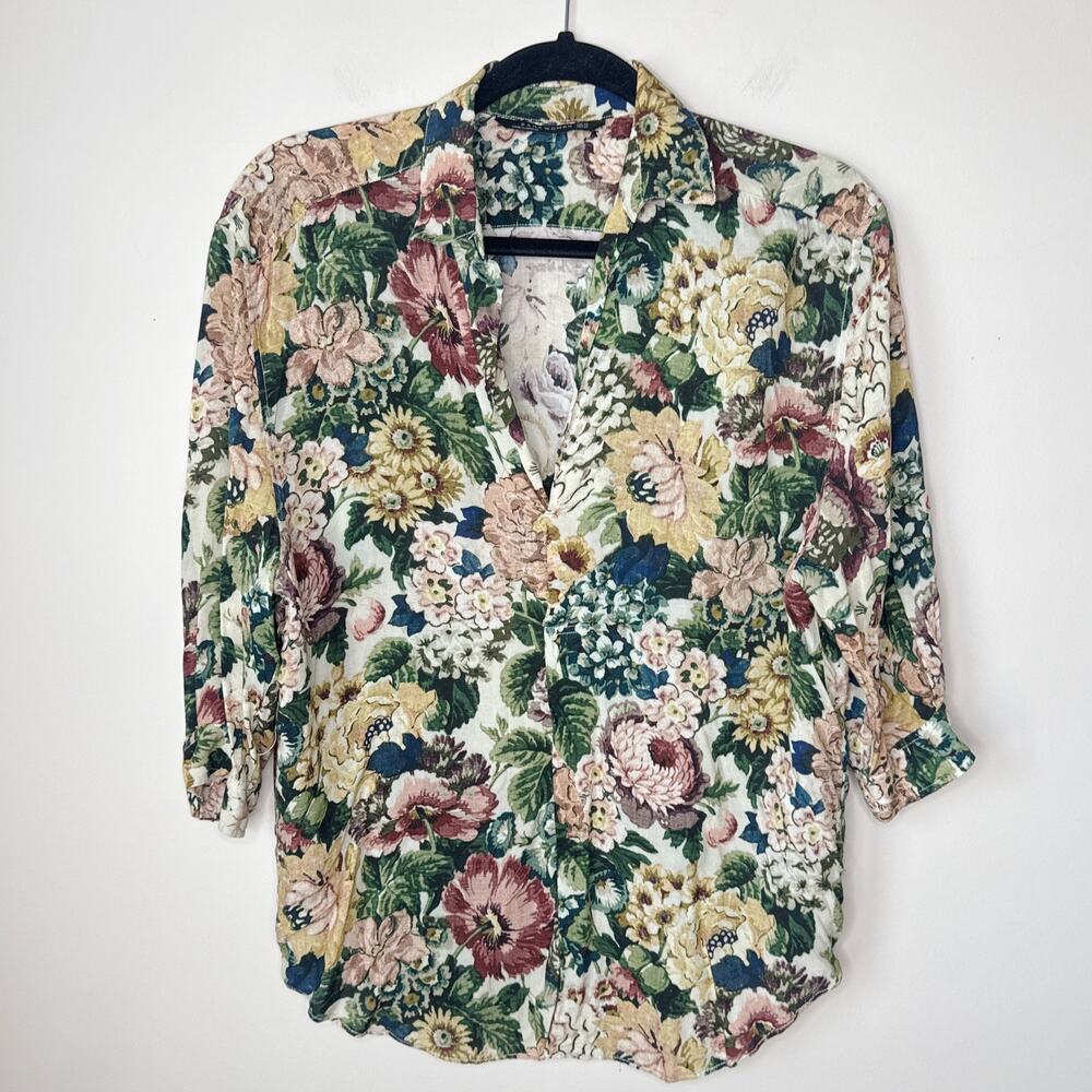 Zara Woman Floral Button Front 1/2 Sleeve Blouse Size XS Woven‎ Top Grandmacore